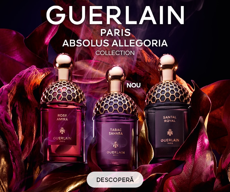 Parfumuri Guerlain Absolus Allegoria, colecție cu sticle elegante Rose Amira, Tabac Sahara și Santal Royal.